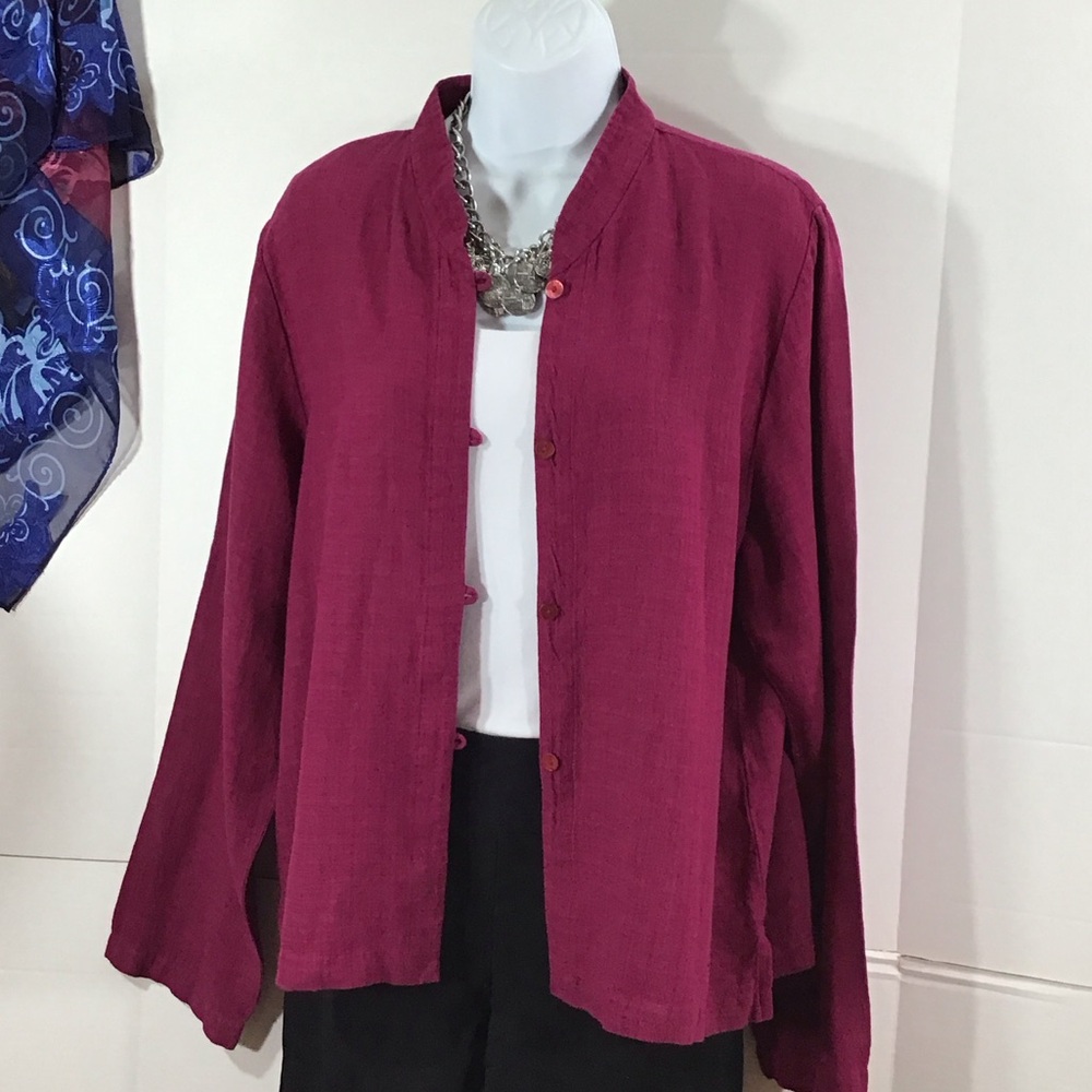 Eileen Fisher raspberry pink linen blend button front top jacket L